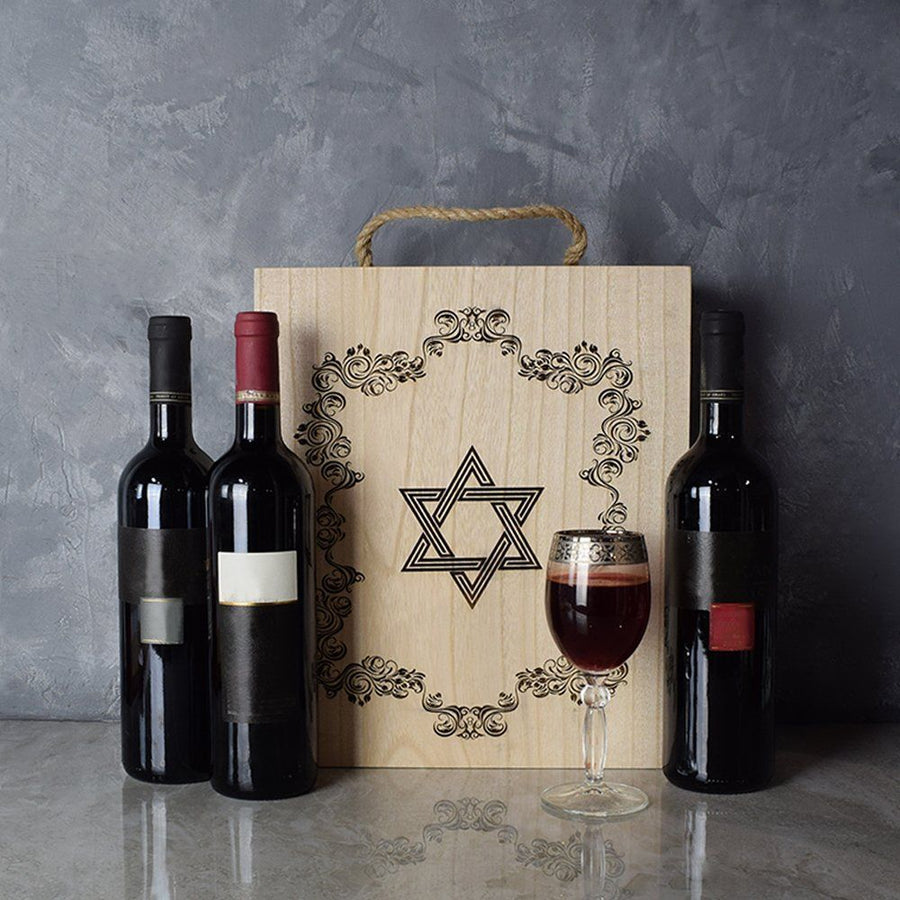 Celebrate Hanukkah or any other occasion with a selection of fine wine courtesy of the Kosher Wine Trio Gift Basket from Hamilton Baskets - Hamilton Delivery