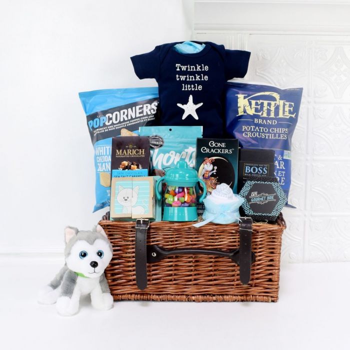Sophisticated Baby Gift Basket in Traditional Willow Basket – how the gift is presented