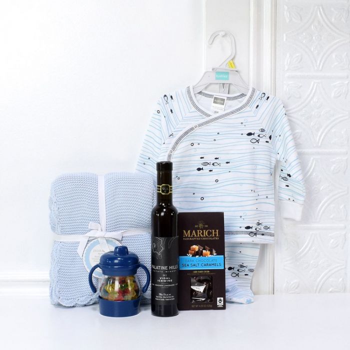 New Baby Boy Gift Basket with Wine and Marich Dark Chocolate Sea Salt Caramels – how the gift is presented