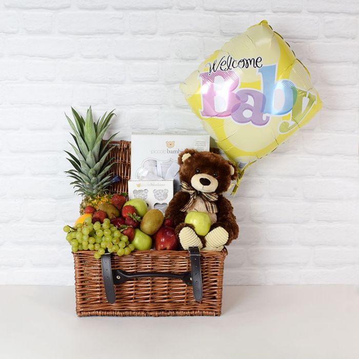 Baby Basket with Plush Toy – gift basket with double steamed wicker basket with black straps, green grapes and 10 strawberries