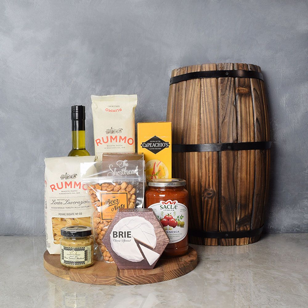 Round Cutting Board Gift Basket with Brie Cheese, Puttanesca Pasta, and Crackers – how the gift is presented