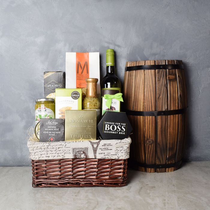 Medium Dark Brown Wicker Basket with Red Wine, Pasta and Gourmet Treats – how the gift is presented