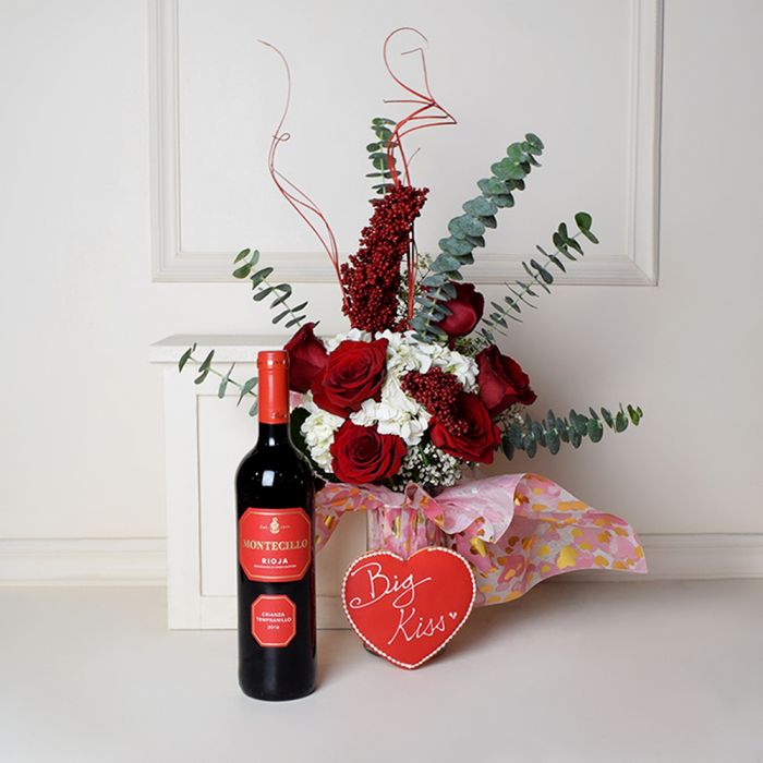 Rose and Hydrangea Vase with Wine from Hamilton Baskets- Hamilton Delivery