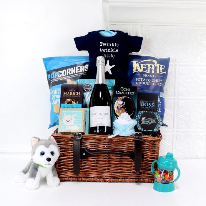 Champagne Celebration Gift in Wicker Basket for Newborn Arrival – how the gift is presented