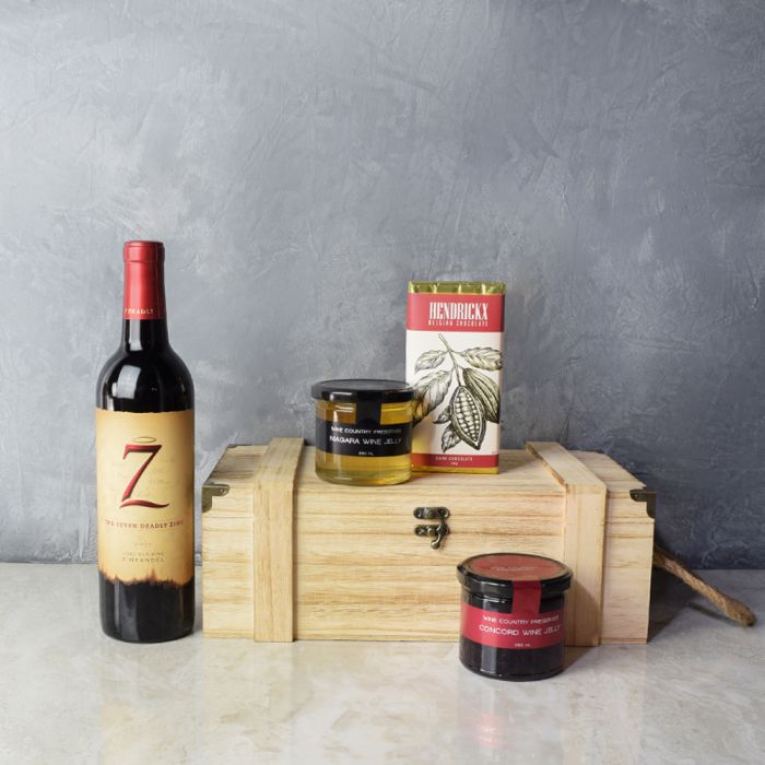 Rustic Wooden Box Wine Gift with Belgian Dark Chocolate and Wine Jellies – how the gift is presented