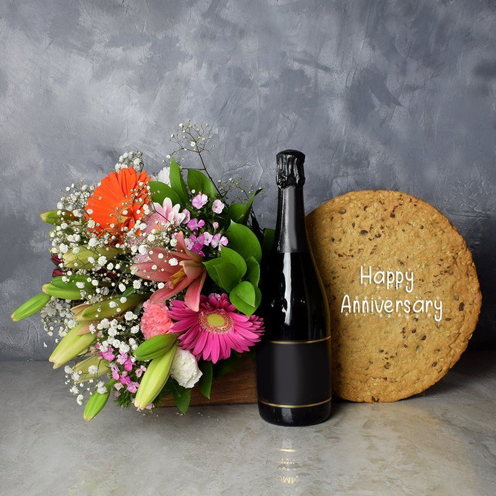 The Celebratory Happy Anniversary Cookie Cake GIft Set from Hamilton Baskets - Champagne Gift Basket - Hamilton Delivery