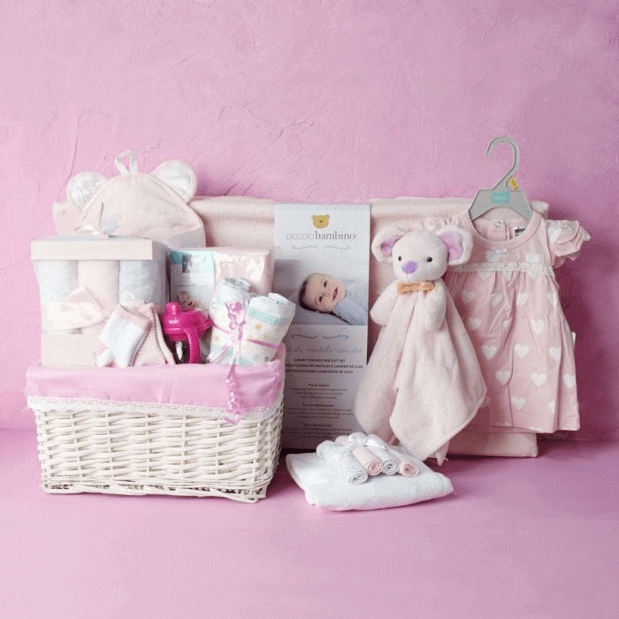 Baby Changing Gift Set – gift basket with flat changing pad flannel pink, fannel receiving blanketsa a and wicker basket with pink ribbon