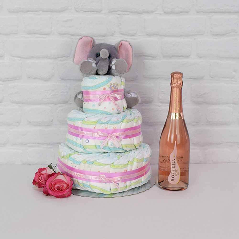 Champagne Gift Basket with Three-Tier Diaper Cake for New Parents – how the gift is presented
