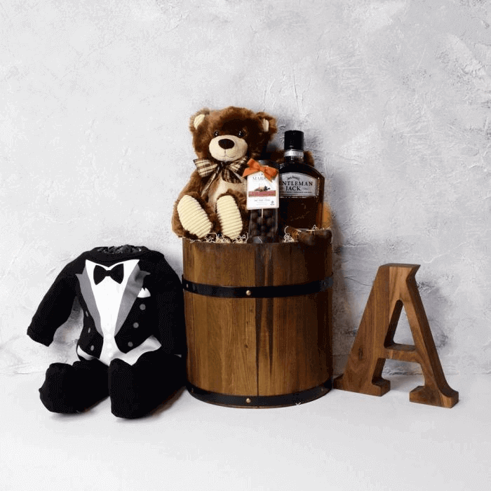 Baby Boy Tux and Whiskey Gift Basket with Marich Caramels and Cigars – how the gift is presented
