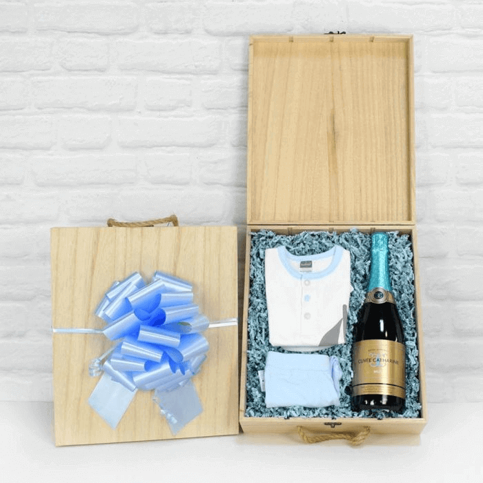 Rustic Champagne Gift Set with Newborn Baby Boy Outfit – how the gift is presented